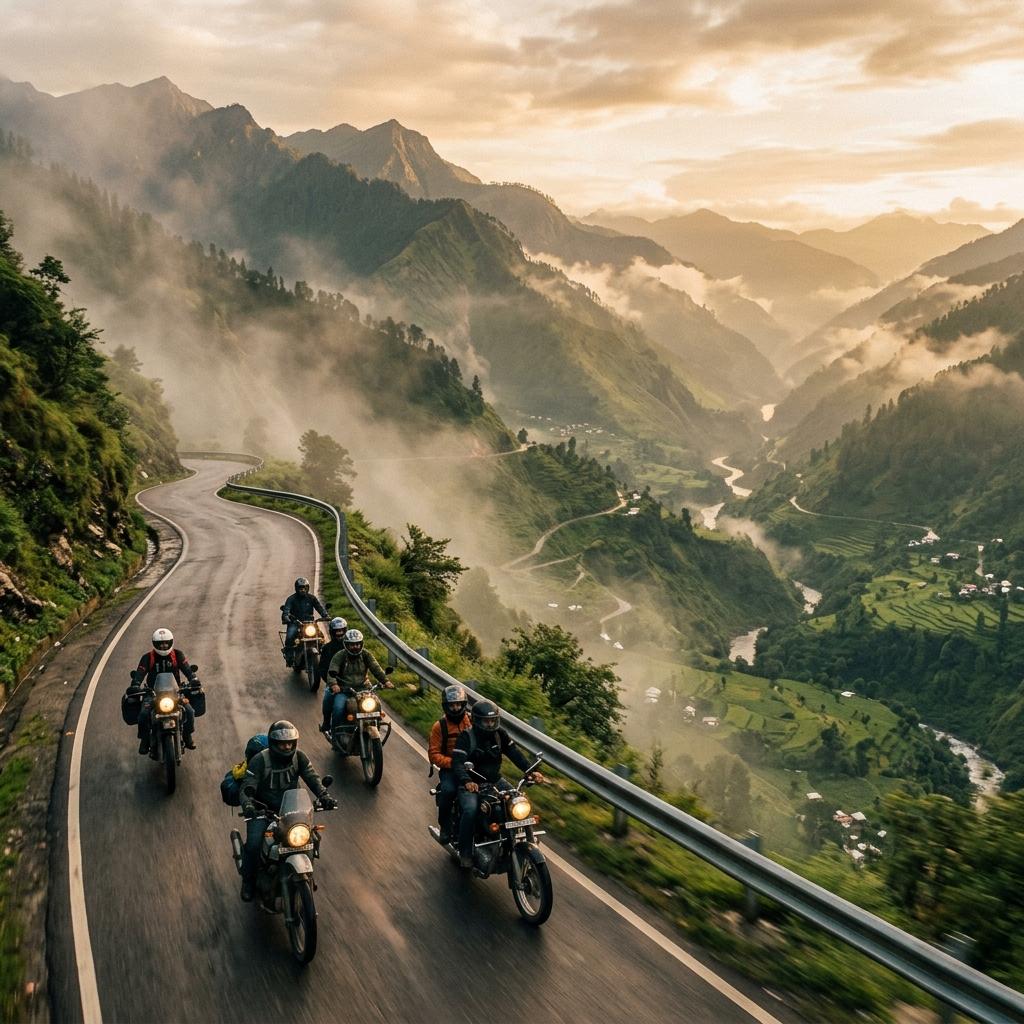 Friends riding motorcycles through misty mountain roads